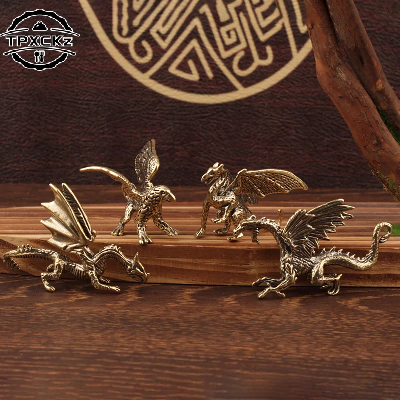 Solid Brass Pterosaur Dragon Small Statue Desktop Ornament Chinese Mythical Beast Figurines Retro Home Feng Shui Decoration