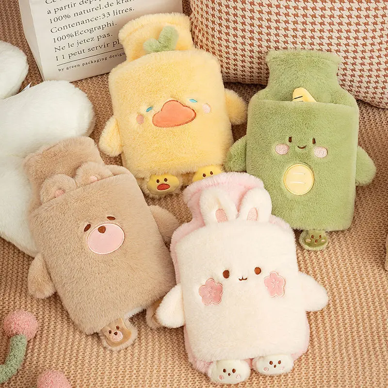 1000ml/33.81oz Warm Hot Water Bag PVC Inner Liner Water Injection Cute Warm Water Bag Cartoon Animal Cute Plush Portable Bag