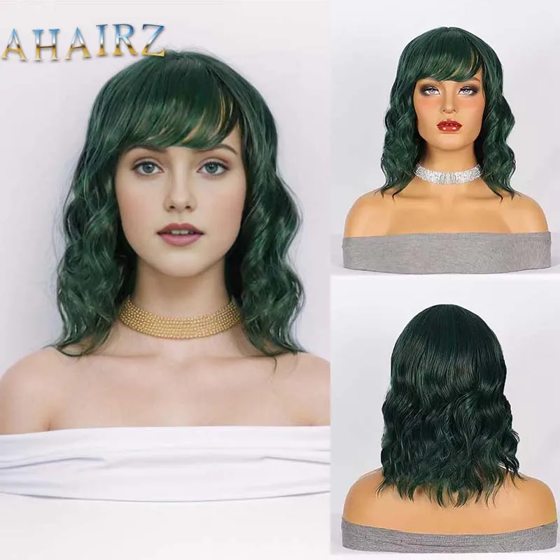 

Synthetic Green Medium Long Body Wave Wig with Bangs Realistic Wigs for Women Cosplay Daily Wear Fake Hair