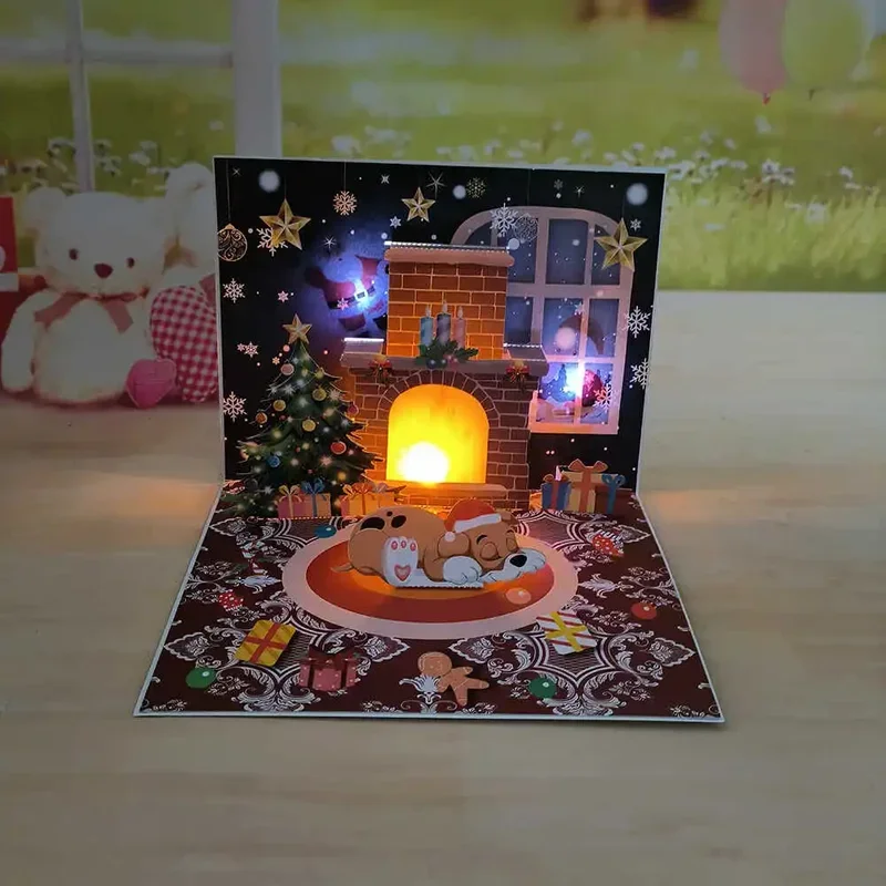 

Cross-Border Christmas Blessing Music Light Projection Old Man Fireplace3DStereoscopic Greeting Cards Paper Carving Western New