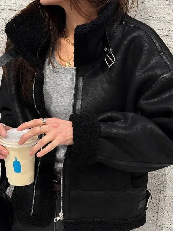 Winter Thiened Retro Leather And Fur Inteated Motorcycle Sle Women's Casual Faionable Cotton Jaet ort Outerwear