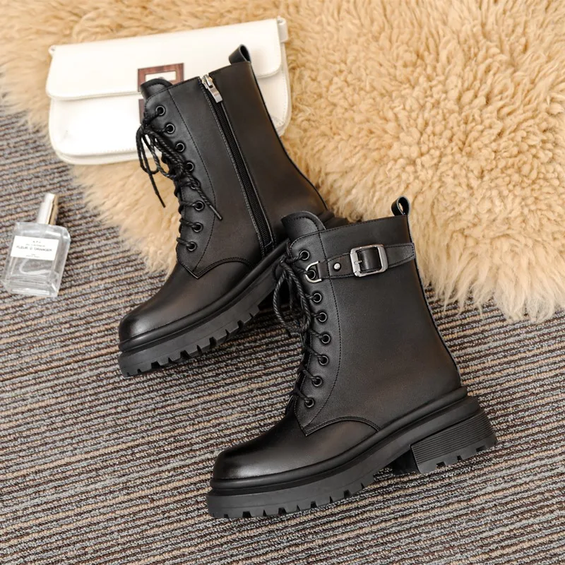 DIMANYU Genuine Leather Female Boots New Winter Plus Size 41 42 43 Women's Wool Boots Non-slip Strap Ladies Snow Boots