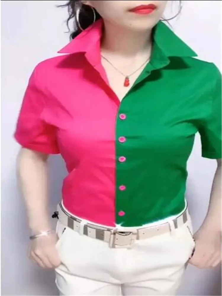 Chic Splicing Lady Blouses Short Sleeve Shirts For Women Contrast Color Shirts Korean Woman Clothes Shirts Sloping Placket Bloue