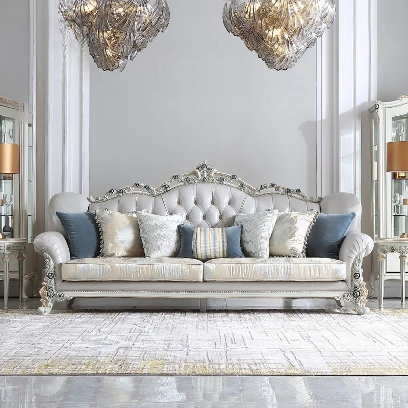 

Французская светлая роскошная гостиная, большая квартира, первый слой воловьей кожи, европейский резной цветок из цельного дерева, комбинация трех диванов