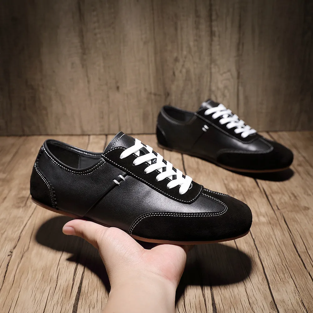 Trendy Men Black Genuine Leather Retro German Trainer Shoes Flat Sole Minimalist Street‑style Casual Sneakers Walking Shoes