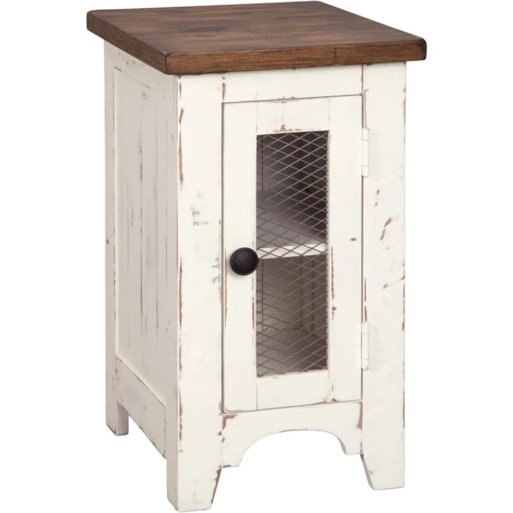 

Wystfield Farmhouse Chair Side End Table with Cabinet Door for Storage, White & Brown with Distressed Finish