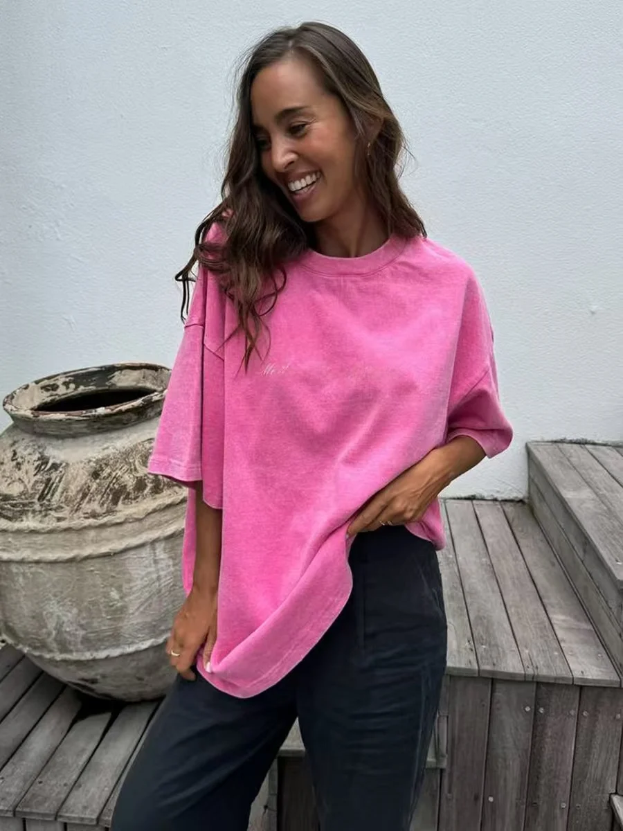 เสื้อยืดวินเทจทรงหลวมพิมพ์ลายตัวอักษร สไตล์ลำลอง ผ้าฝ้าย ใส่สบายสำหรับฤดูร้อน เสื้อแฟชั่นผู้หญิง คอกลม