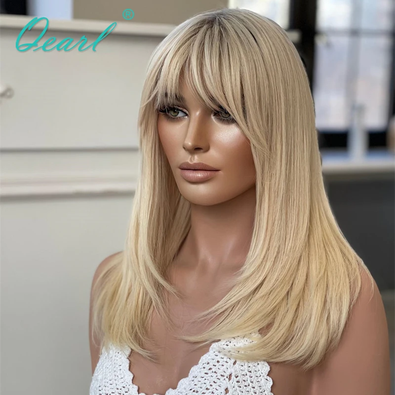 Light Honey Blonde Bob Lace Wig with Bangs Brazilian Human Hair Wig Sale Silky Straight Platinum Blonde Lace Frontal Wig Qearl