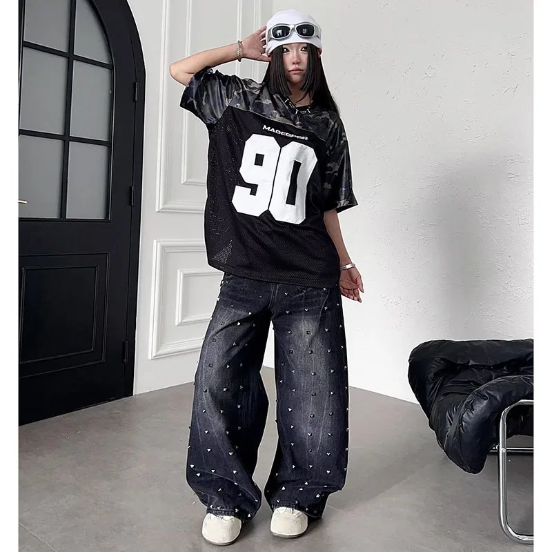 Unisex Spring‑Autumn American Stud‑decorated Wide‑Leg Jeans Women Design Relaxed‑Vibe Unique Fashion Full‑Length Long Trousers