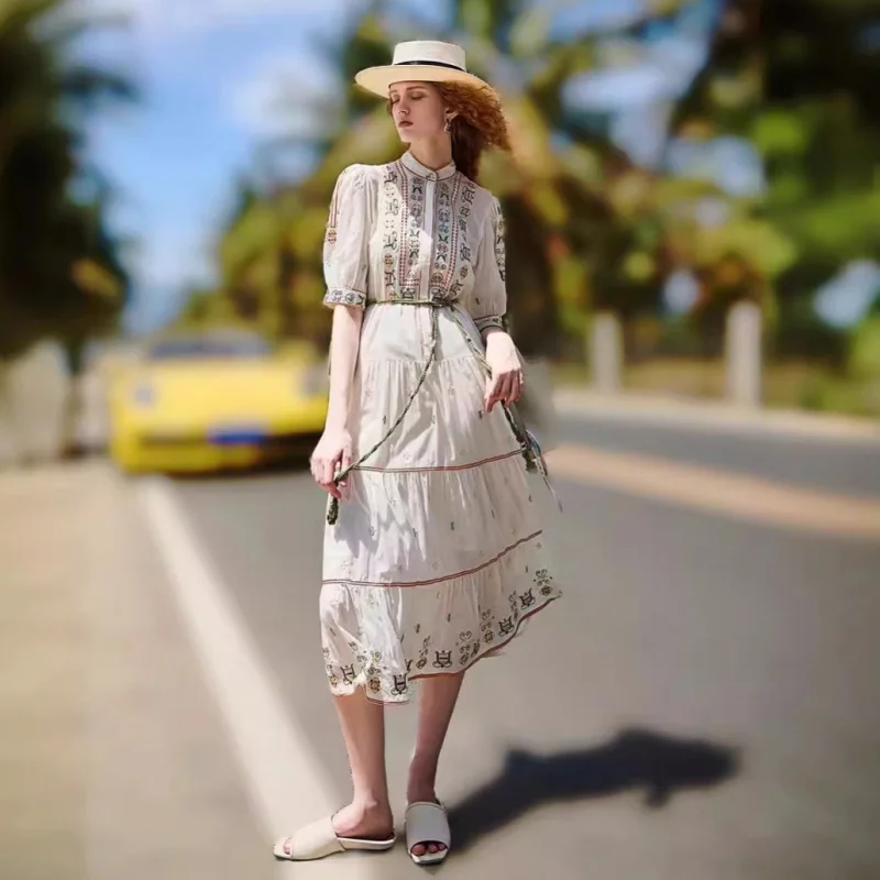 

Australian Niche Summer White with Printed Pattern Embroidered Loose Tied Puff Sleeve Short Sleeve Maxi Dress Female Thirteen Li