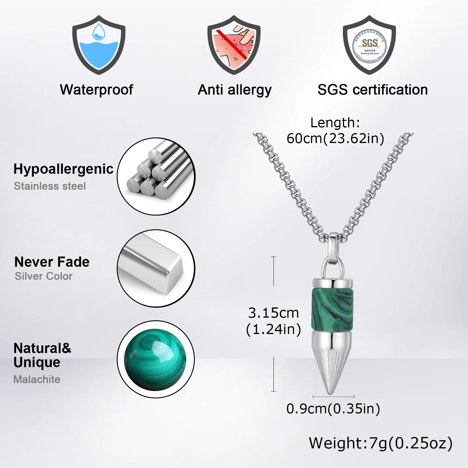 Stylish Bullet Necklaces for Men,Stainless Steel Natural Stone Pendant Necklace,Healing Jewelry Gift for Father Husband Son