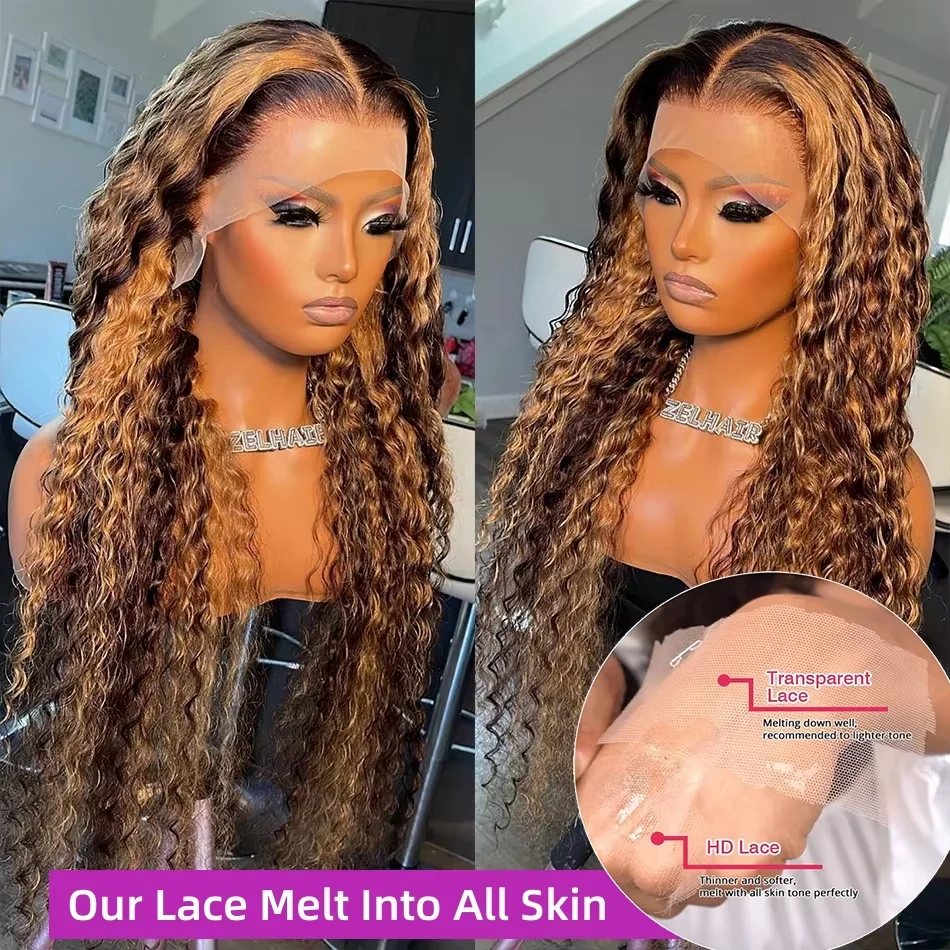 4/27 Highlight Ombre Deep Wave HD Lace Front Wig 210 Density Curly 30 nch 13x5 Brown 13x6 Lace Frontal Human Hair Wig Brazilian