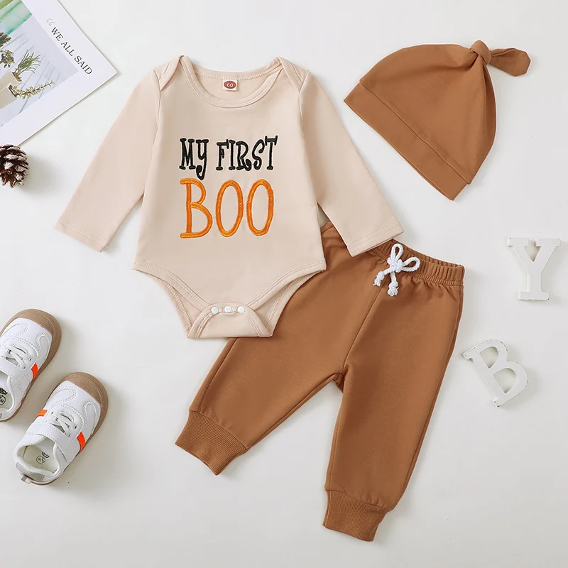 

Baby Boys Halloween 3PCS Sets Long Sleeve Letter Embroidery Romper Solid Color Pants Hat Sets