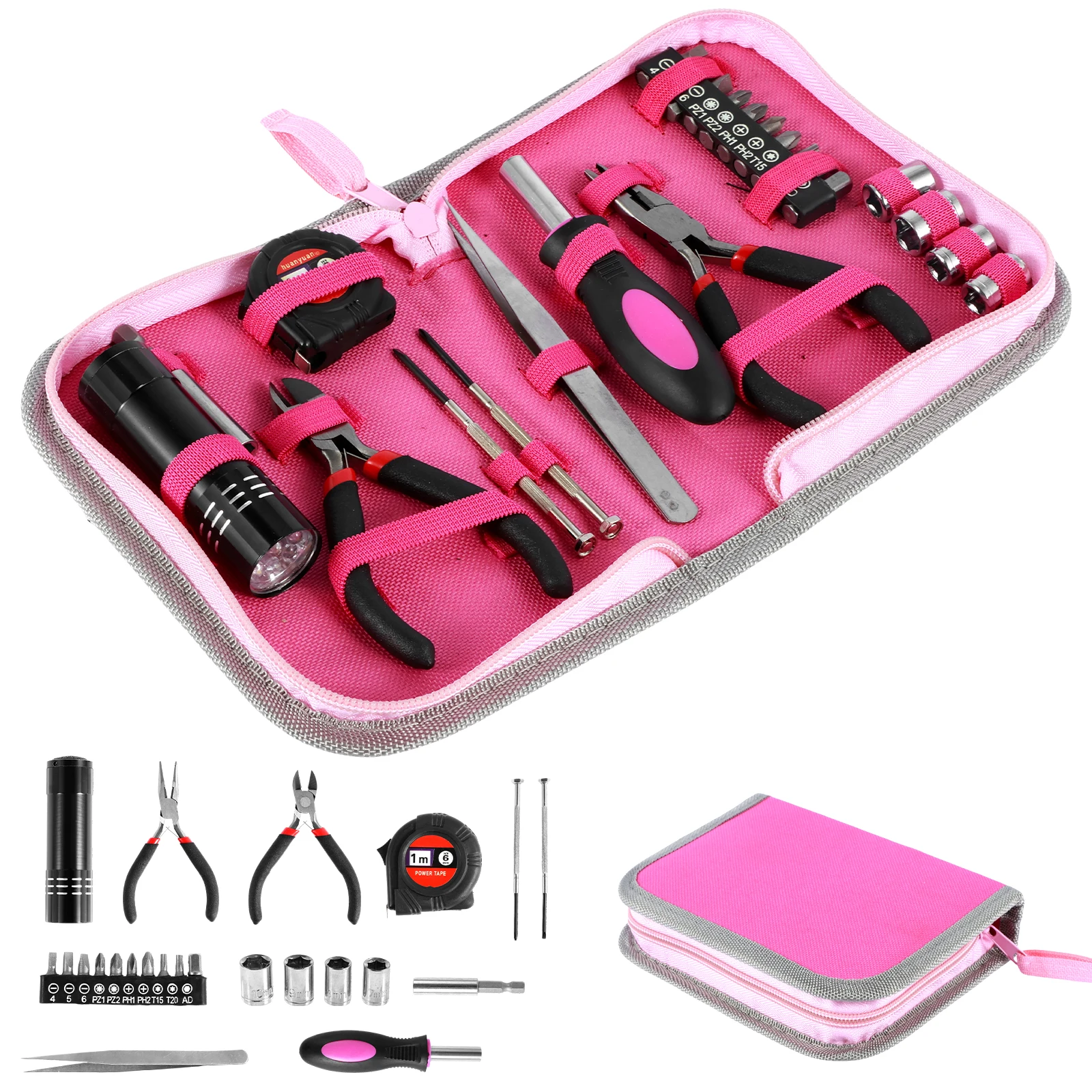 23Pcs Household Repair Tool Kit Multifunctional Pink Home Hand Tool Set with Storage Bag Portable Women Repair Tool Combination