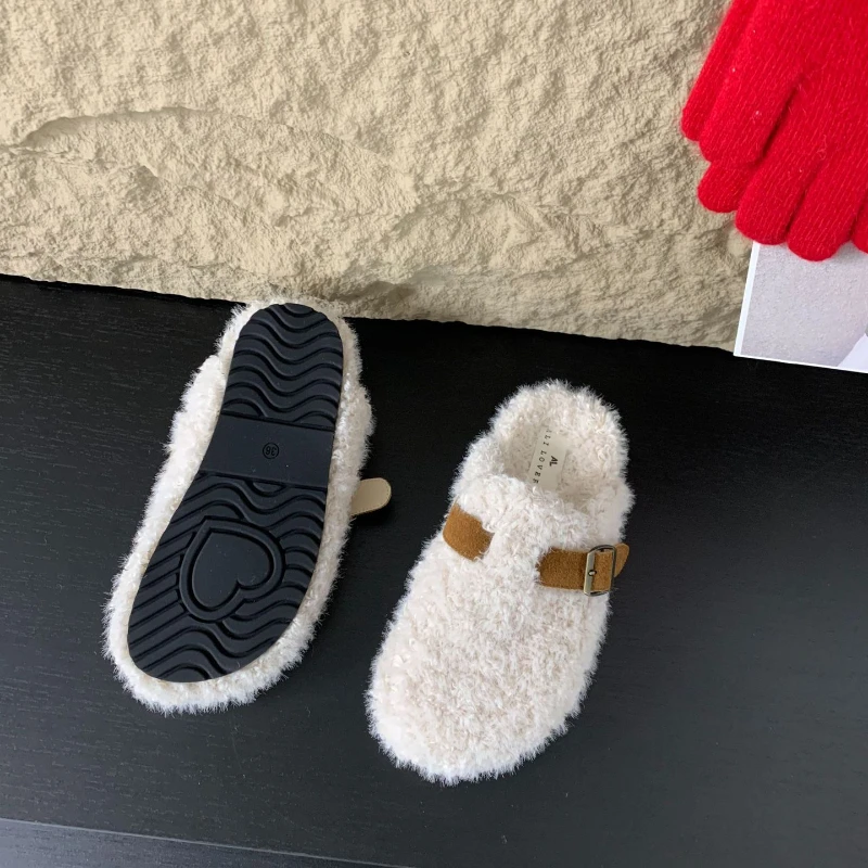 Thick-soled Round-headed Plush Inner Slippers Outdoor Flat-bottomed Slippers Women's Retro Belt Buckle Flats Overshoes 35-39 image 3
