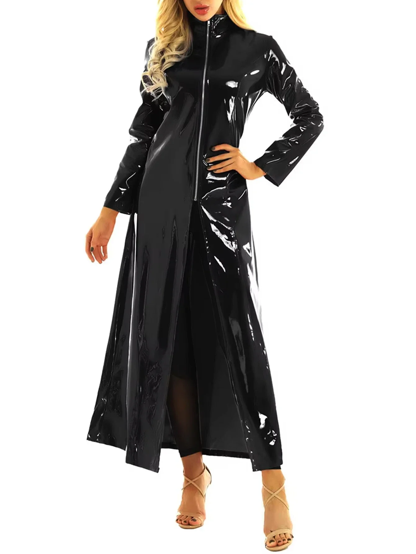 Sexy schwarzer, glänzender, wet-look PU-Leder-Trenchcoat für Damen, hoher Kragen, Reißverschluss vorne, Clubwear, Party, Y2K Streetwear, Maxi-Jacke, heiß – Detail 4