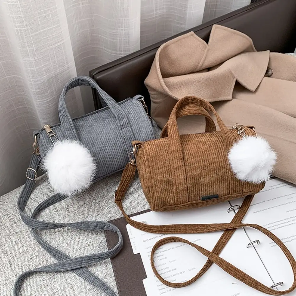 Simple Corduroy Pillow Bag Small with Pom Pendant Crossbody Bag Korean Style Messenger Bag