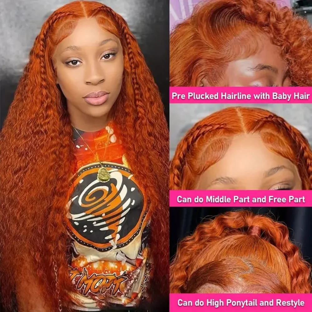 Orange Lace Front Wigs Human Hair 13x4 Lace Ginger Color Curly Wigs Human Hair 200% Density Deep Wave Pre Plucked Human Hair Wig