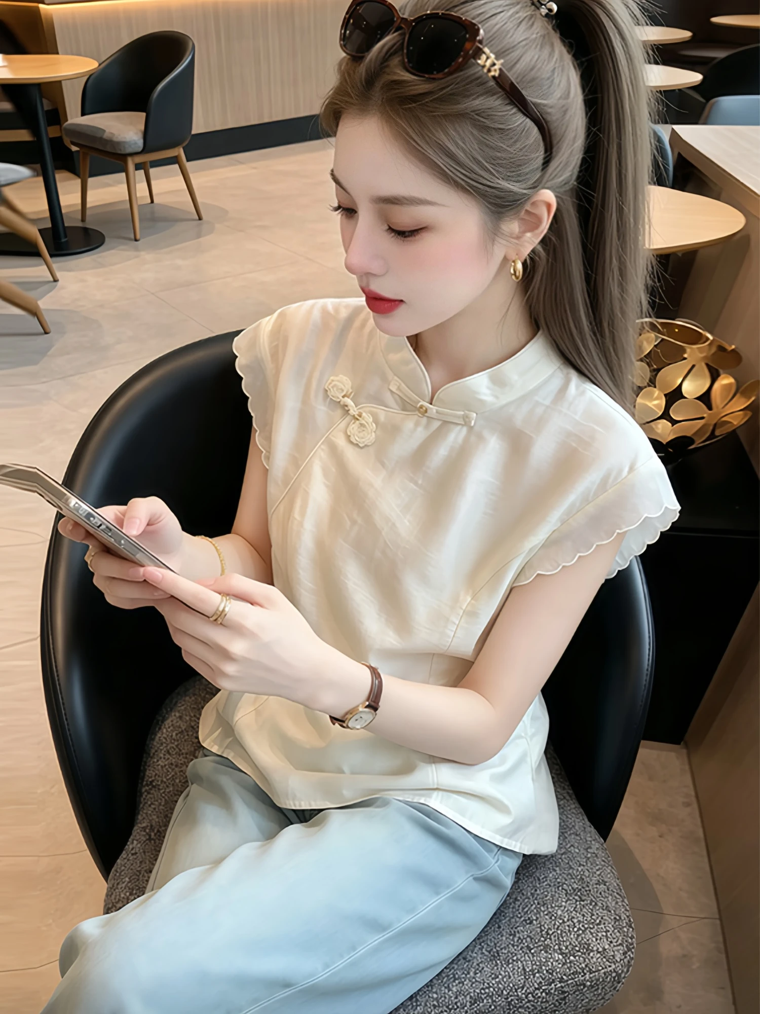 

Elegant Summer Chinese Style Shirt Women's New Fashion Trendy Button Stand Collar Slimming Versatile Personality Blouse