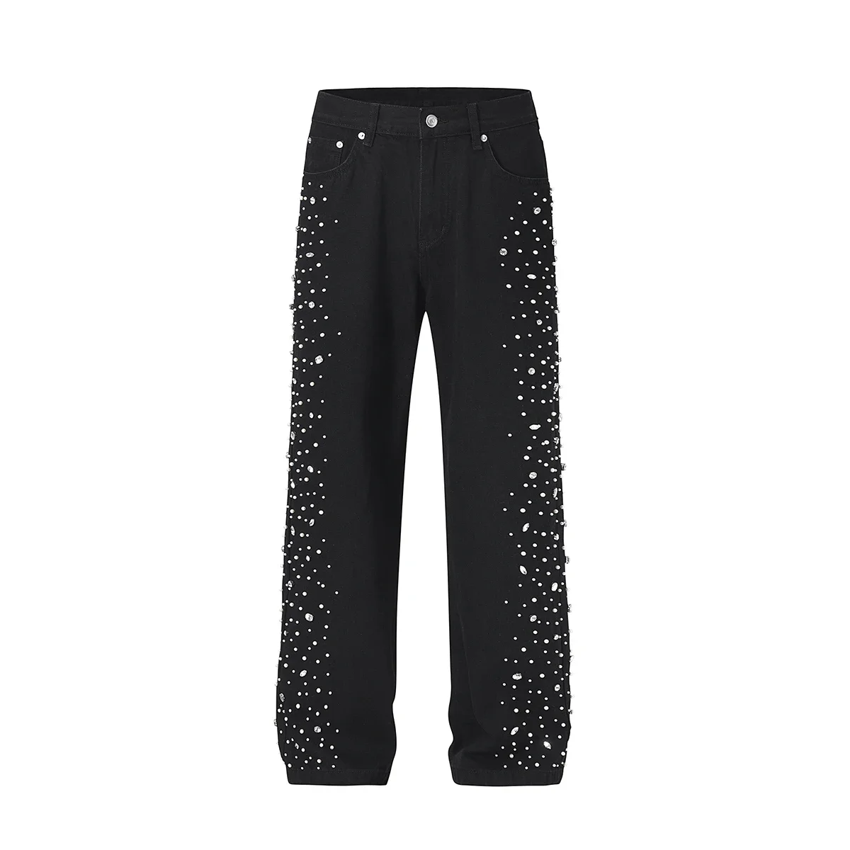 

Full Rhinestone Beaded Baggy Jeans for Men Black Hot Drill Peal Denim Trousers Streetwear Harajuku Straight Loose Cargo Pants