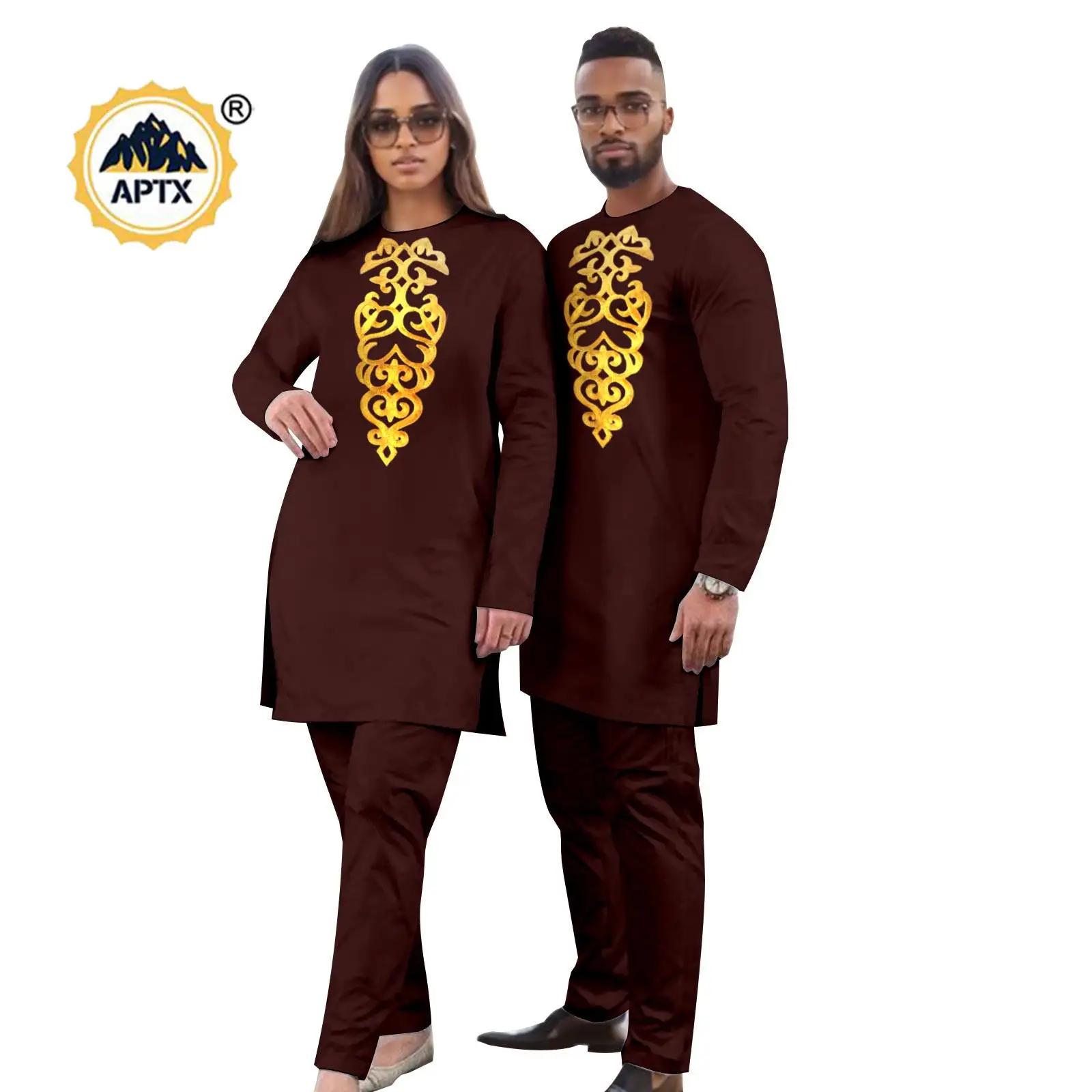 

African Clothes for Men 2 Pieces Sets Matching Couple Outfits Bazin Riche Appliques Top and Pants Sets Dashiki Outwear 24C030