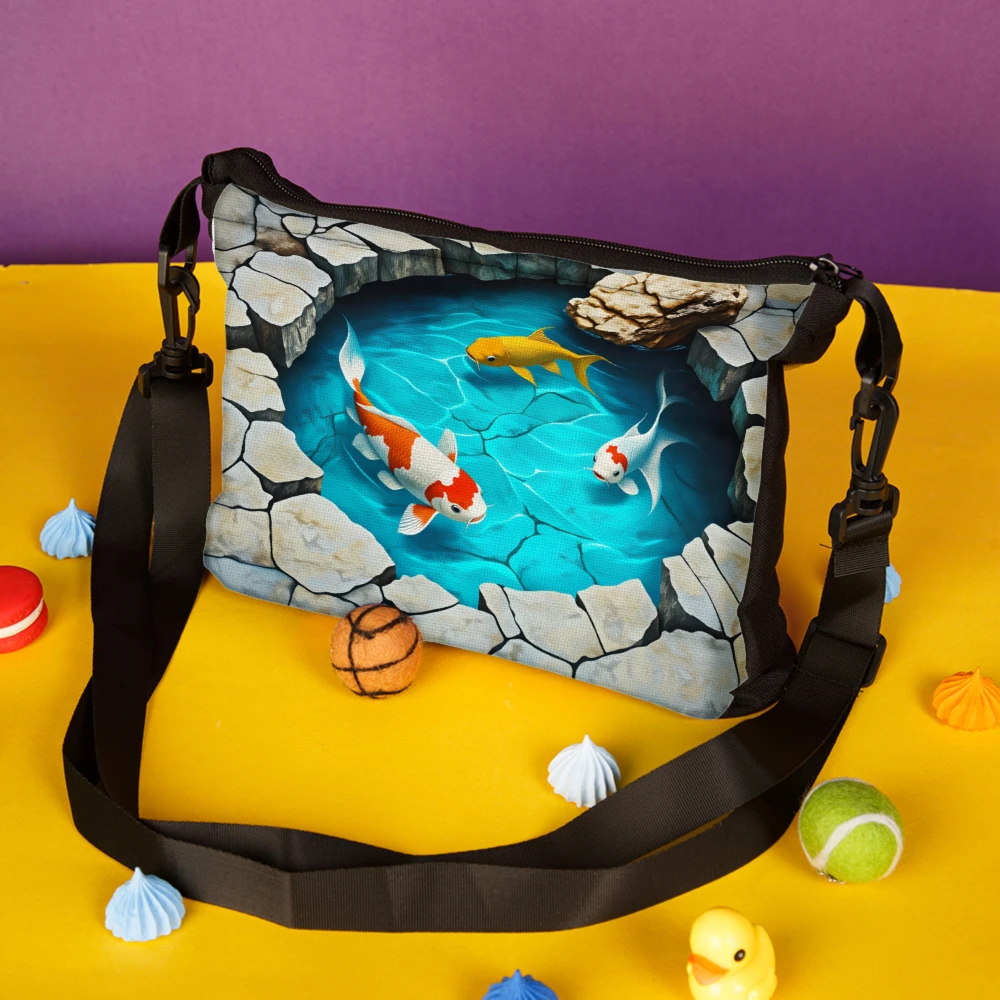 1pc Koi Fish Pond Print Crossbody Bag Blue With Stone Edge And Colorful Koi Fish Pattern Shoulder Bags For Women Outdoor Travel