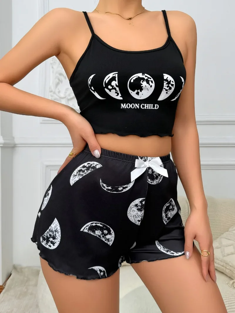 Pijama con tirantes finos para mujer, ropa de dormir Sexy, lencería negra, sin mangas, estampado de Luna, seda de leche