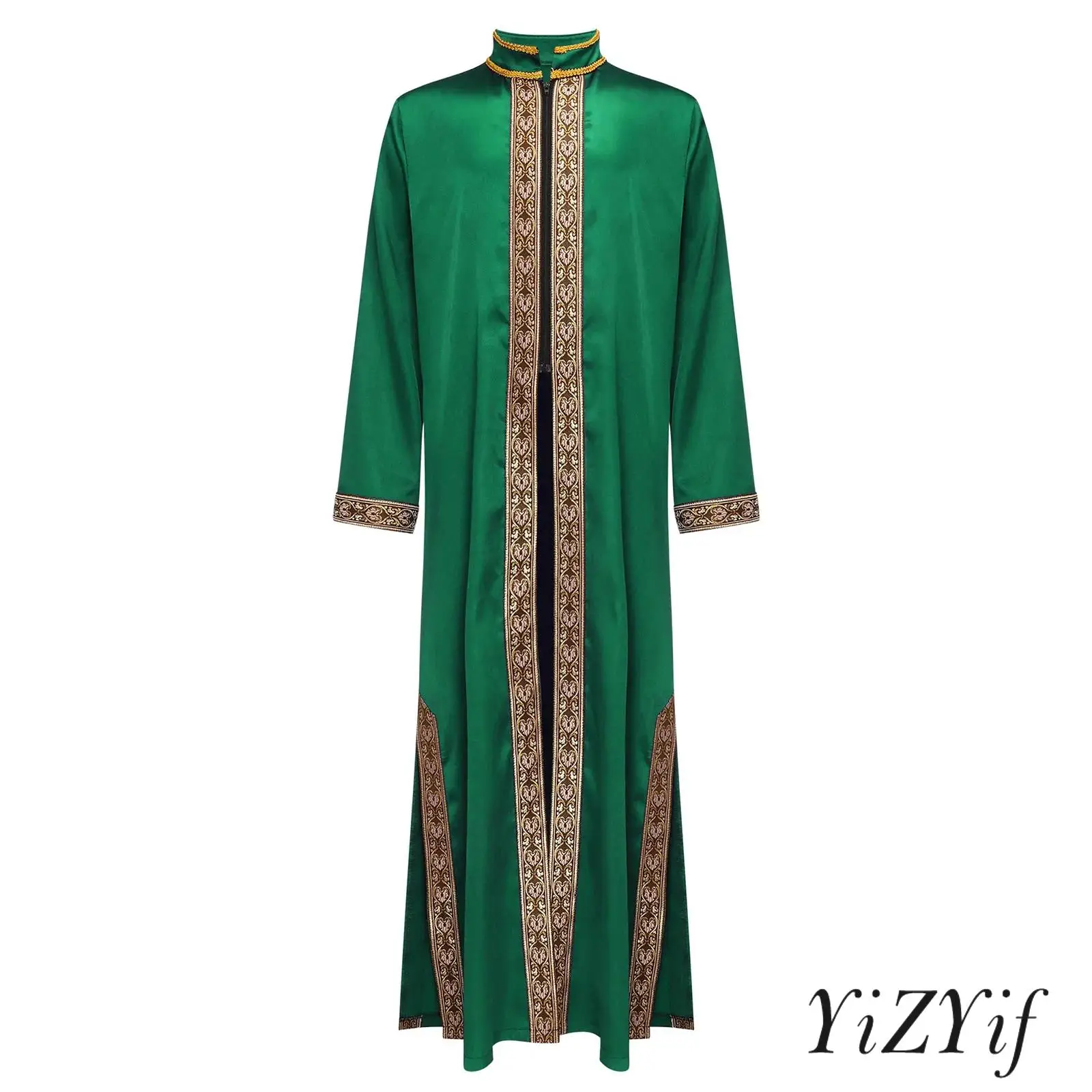 

Boys Long Sleeves Front Slit Zipper Muslim Thobe Gold Embroidery Maxi Kaftans Arab Gown Islamic Robe Festival Holiday Costume