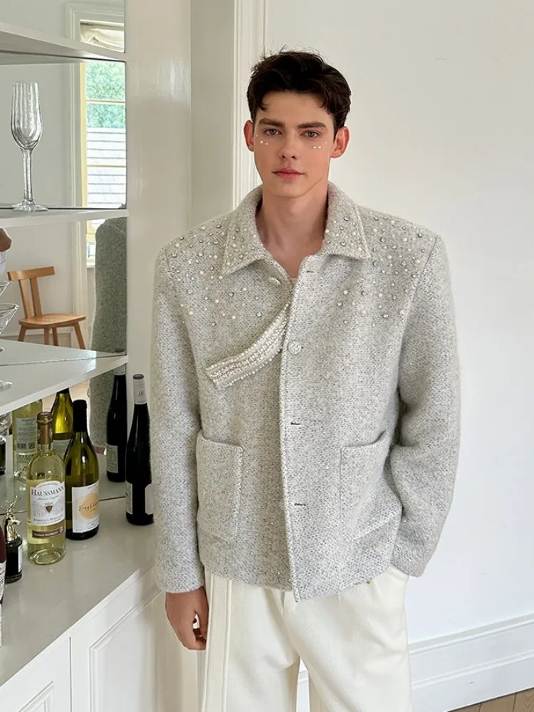 Herren Neue Herbst Winter Mode Woolen Jacke Diamanten Hohe Qualität Designer Bankett Kurzen Mantel Lose Fit Casual Oberbekleidung Männlich
