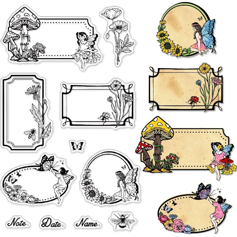 1 Blatt transparente Silikon-Stempel mit Feenblumen für die Kartenherstellung, DIY-Dekoration, Scrapbooking, Schmetterlings-Pilz-Etiketten, transparent