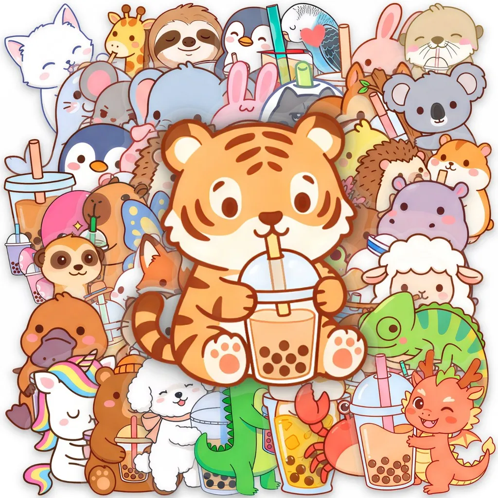 50Pcs PET Cute Pet & Milk Tea Transparent Stickers Cartoon Animal Pattern DIY Ornament Decals For Daily Items Papery Pop Store