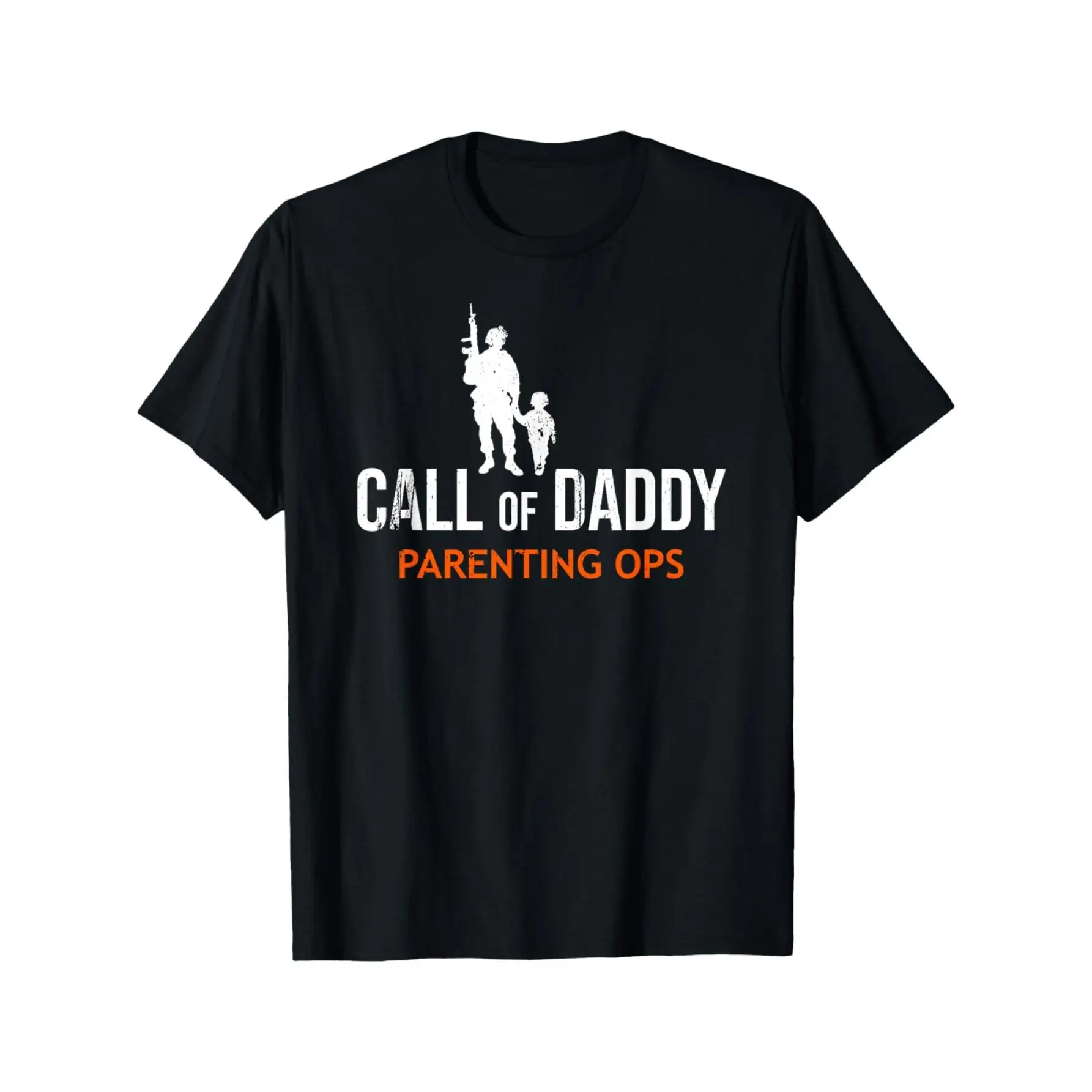 

T - shirt with a Gaming - inspired Dad Joke: 'Call of Daddy - Parenting Ops' with Soldier and Child Silhouette