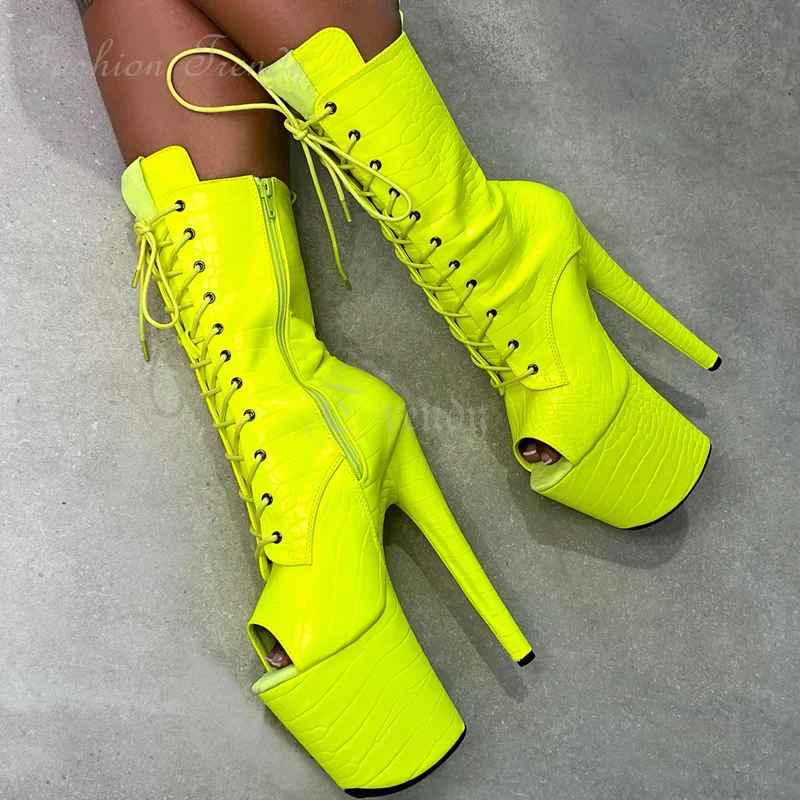 

Shiny Yellow Leather Tartan Calf Boots Pole Dance 20Cm Platform Stiletto Peep Toe Cross Straps Ankle Booties Open Zip Sexy Shoes