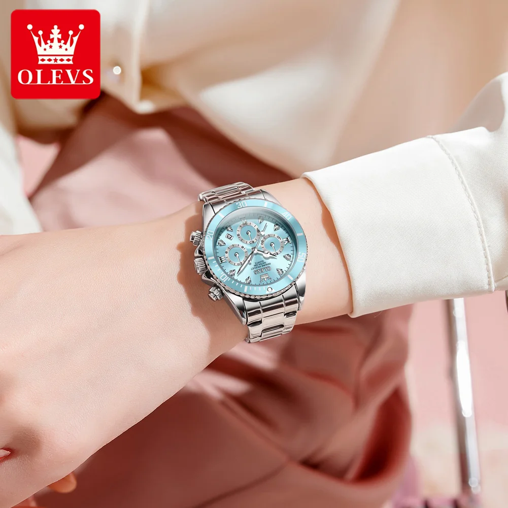 OLEVS Original Brand Women's Watches Classic Three Eye Dial 30m Waterproof Quartz Watch Luminous Date Chronograph Wrist Watch