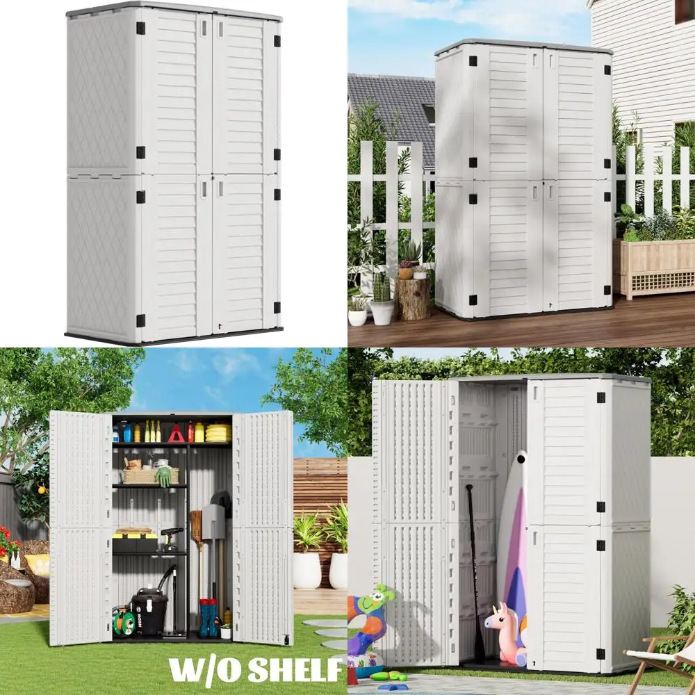 Waterproof Resin Vertical Storage Cabinet, Lockable Outdoor Shed, 66 Cubic Feet Garden Storage Box for Backyard and Home Organiz