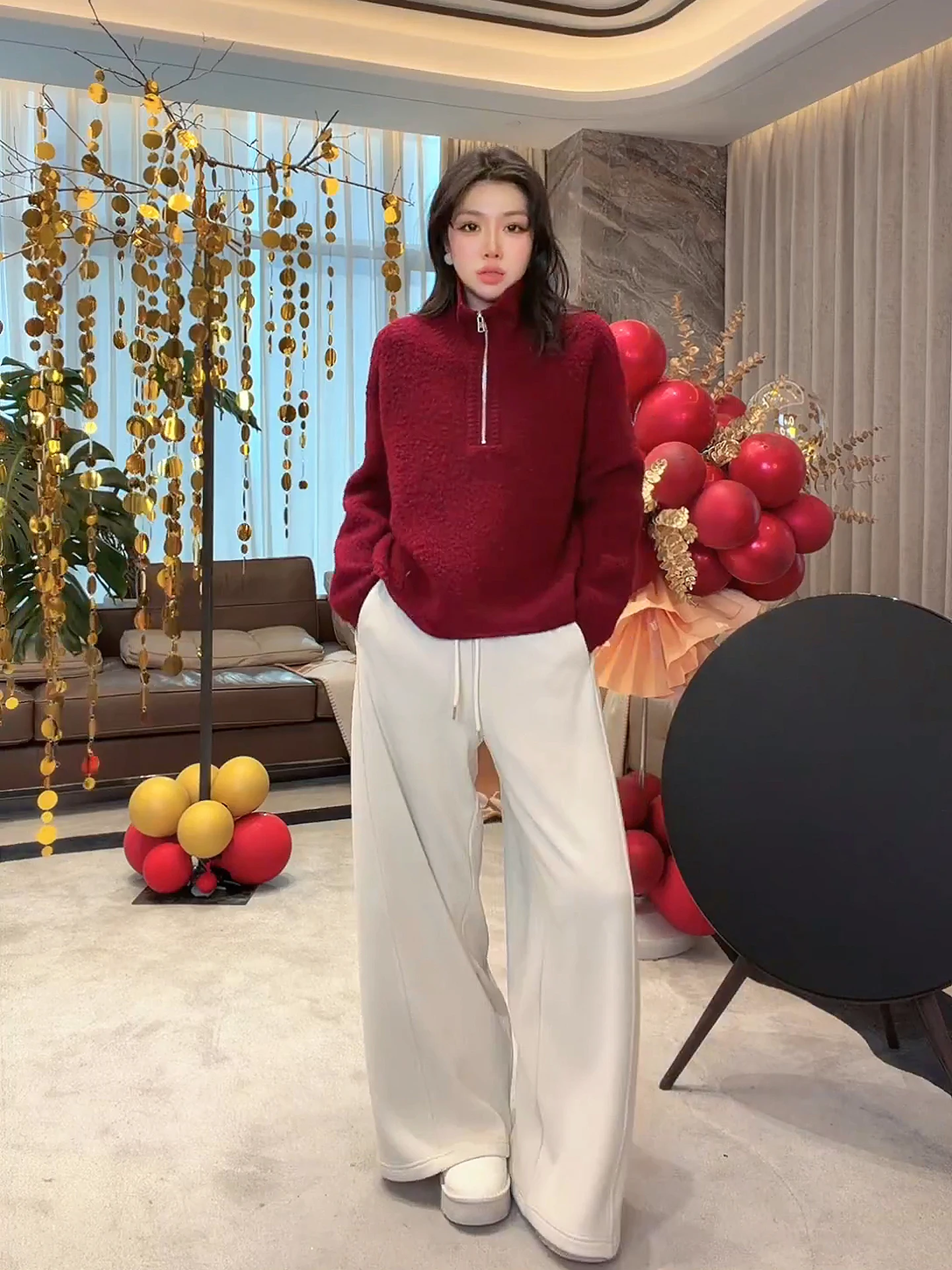 

Warm Coral Knit Sweater 00% Wool Stand Collar Slimming Women's Casual Sle Comfortable Soft Long Sve Spring Faion