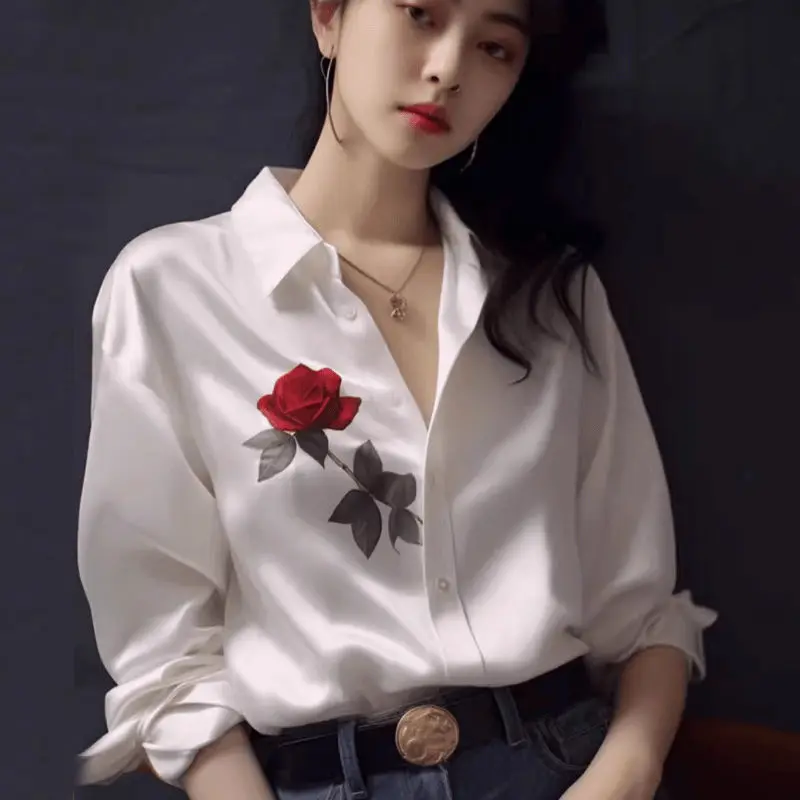 

2220. Весенне-летняя белая рубашка с принтом для женщин, модная свободная рубашка с длинным рукавом.