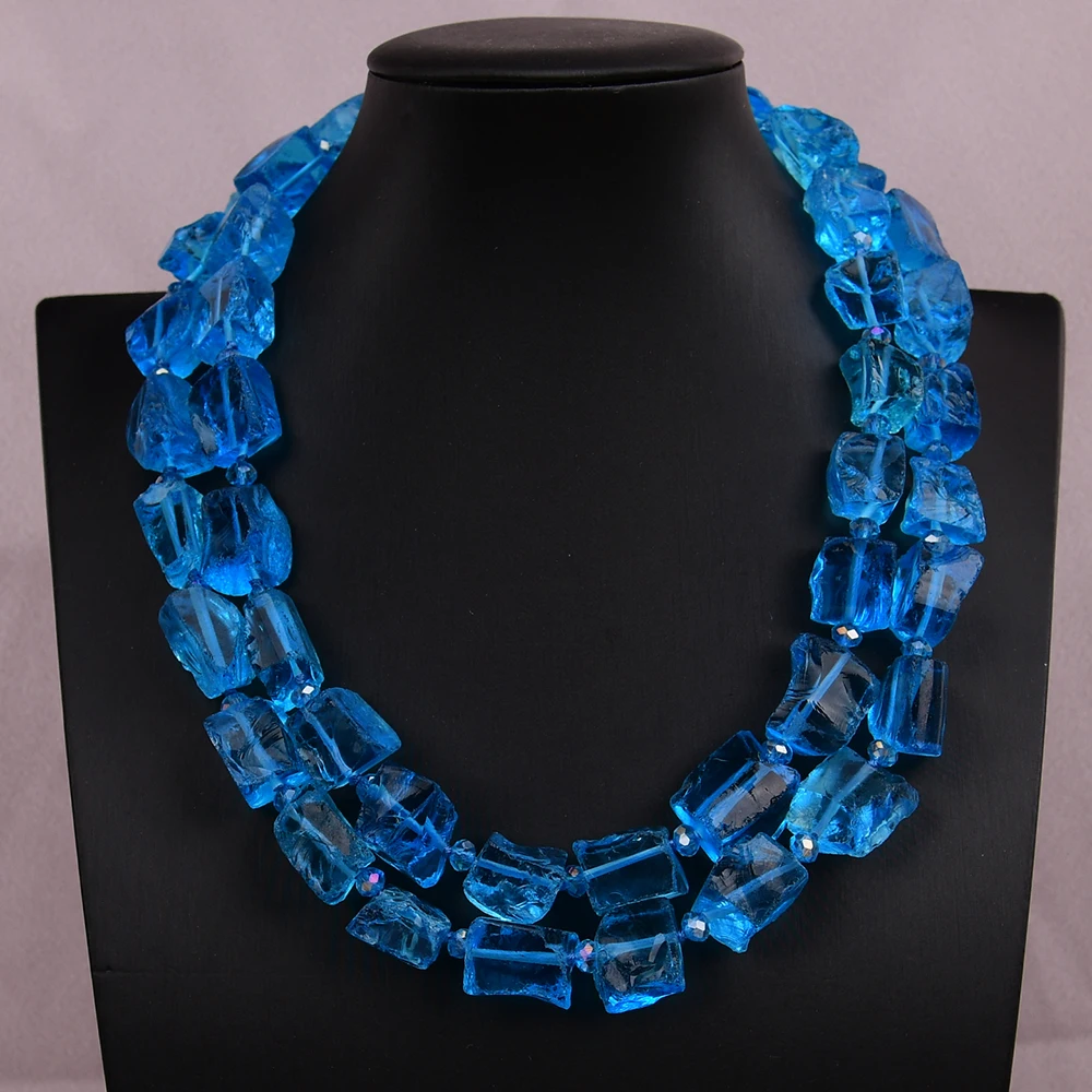 

G-G 18'' 2 Strands Deep Blue Natural Glass Quartz Rough Nugget Crystal Necklace Multi Rows Jewelry Handmade For Women