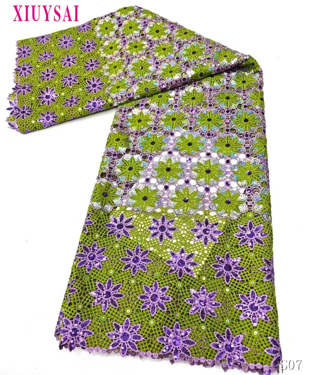 

2025 New French tulle green Sequin African Lace Fabric Water Soluble 5 yards Nigerian rope pure lace fabric luxury women's wear