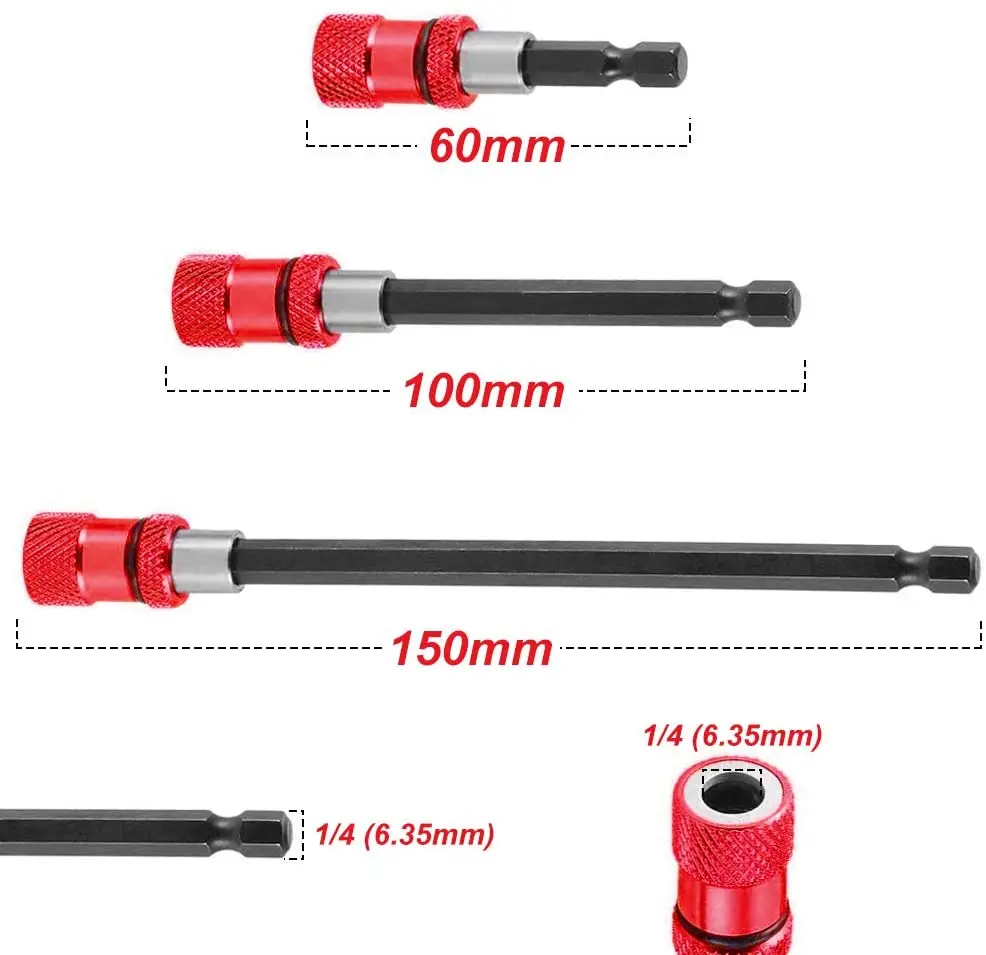 1/4 Inch Hex Shank Quick Release Screwdriver Magnetic Bit Holder with Adjustable Collar Extension Bar 60mm 100mm 150mm