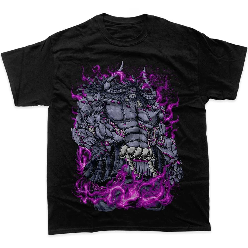 

Dark Fantasy T-Shirt Black Purple Anime Monster Graphic Tee Horned Demon with Mystic Flames Cotton Oversized Streetwear
