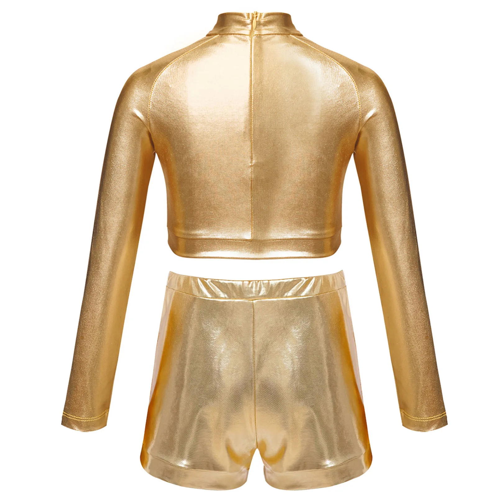 2Pcs/Set Kids Girls Jazz Hip-hop Dance Outfit Mock Neck Long Sleeve Front Shiny Sequin Metallic Crop Top with Shorts Streetwear