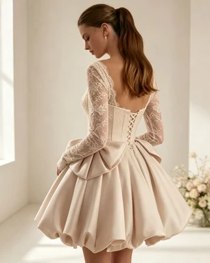 Customized Romantic Strapless Glossy Satin Lace Short Wedding Dress Detachable Sleeves Lace Up Back Elegant Mini Bridal Gown