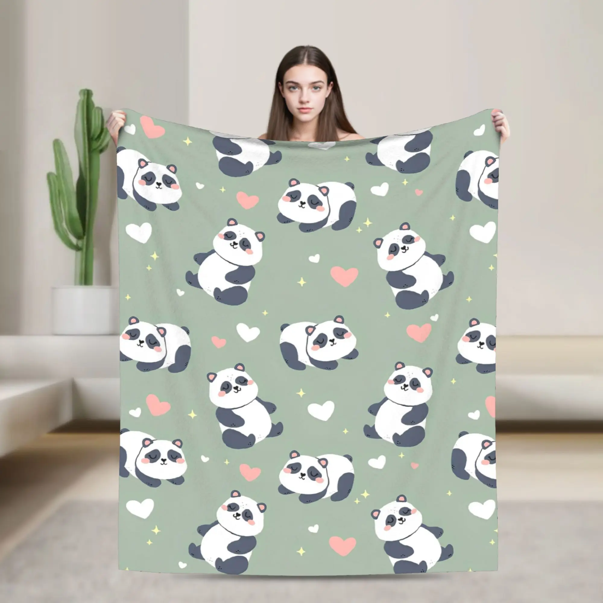 Panda Animal Heart Flannel Blankets  Creative Throw Blanket for Home 150*125cm Plush Thin Quilt
