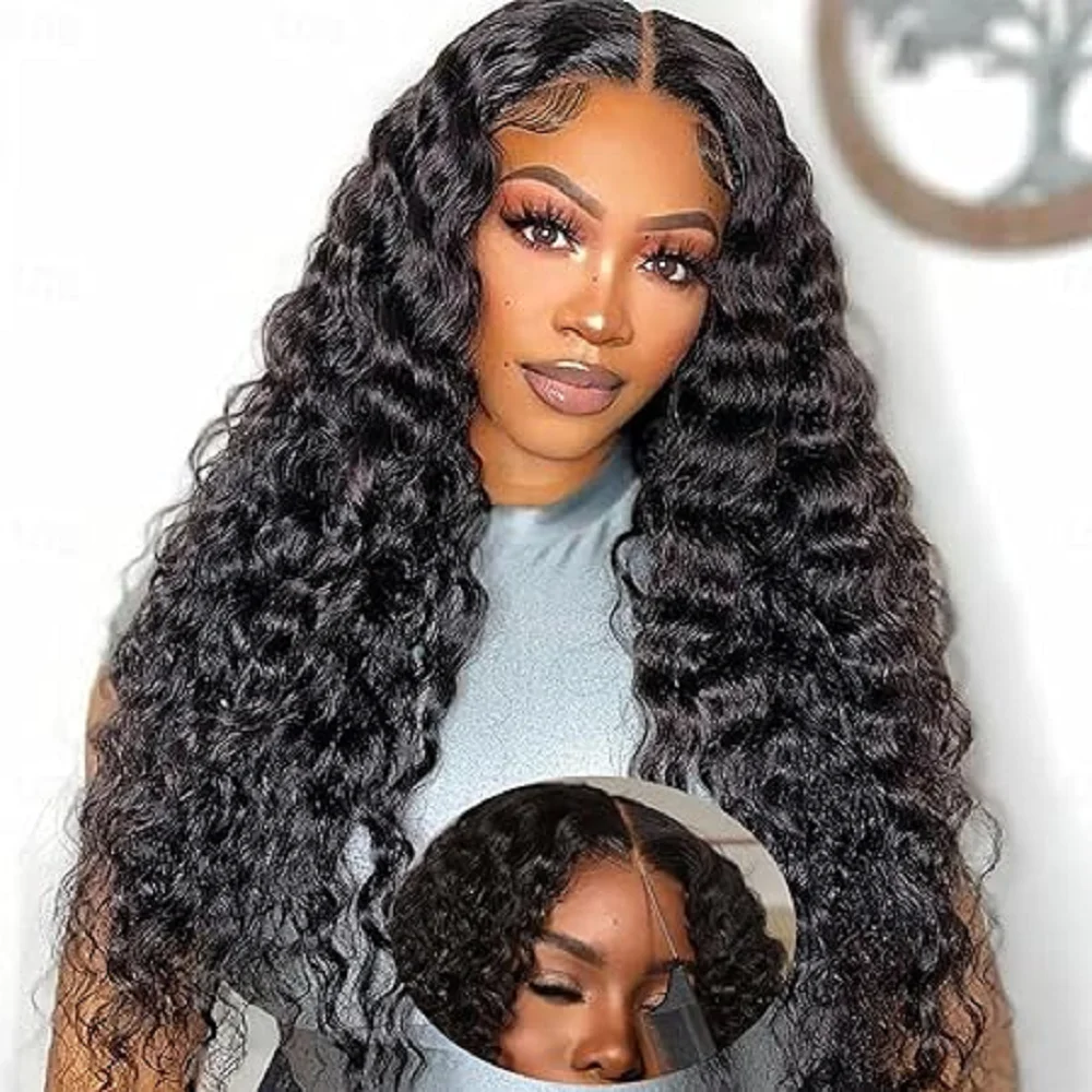 

4x4 Deep Wave Human Hair Wigs For Women Brazilian Remy Glueless Wigs Human Hair Deep Curly Lace Front Wig 180% Density 30 Inch