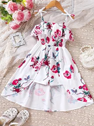 Girls' summer new casual vacation style romantic floral ruffle skirt jumpsuit