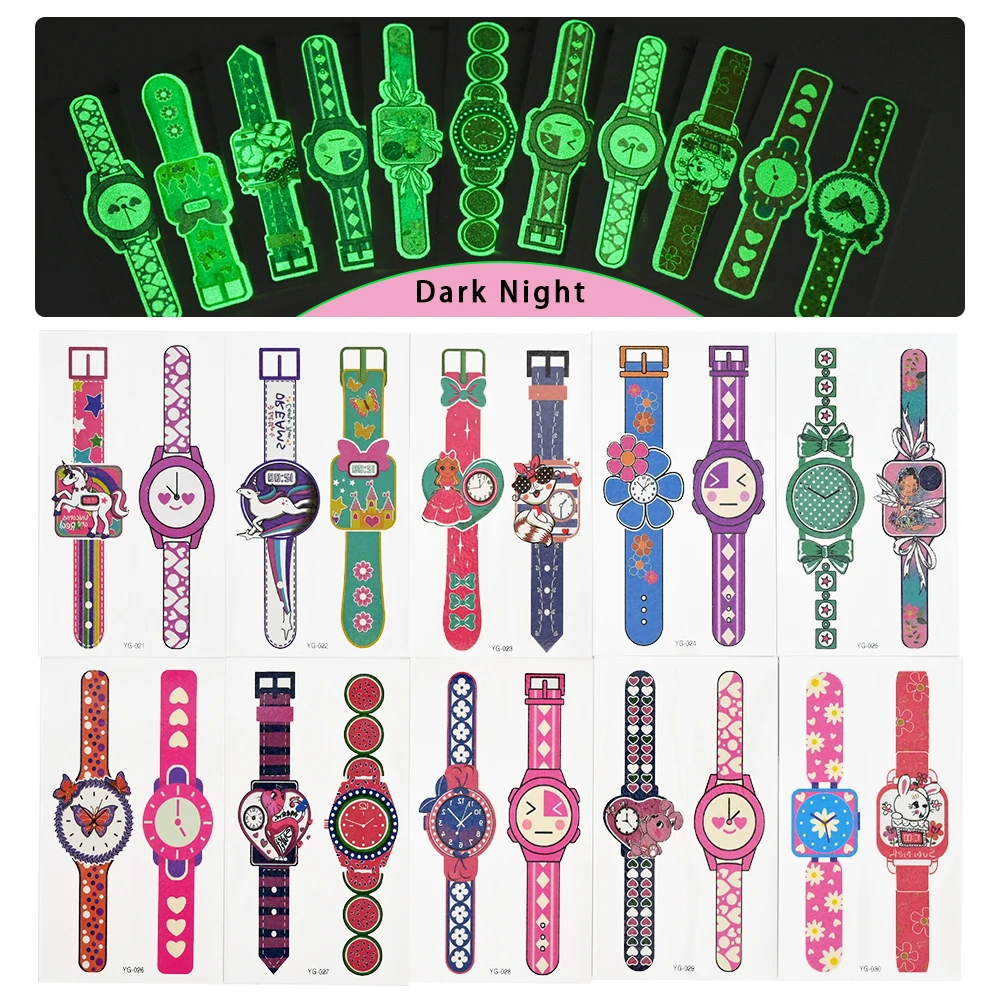 Reloj de dibujos animados para niños, tatuajes luminosos, pegatinas Kawaii, lindo reloj de pulsera, tatuaje temporal impermeable para niños, niños,