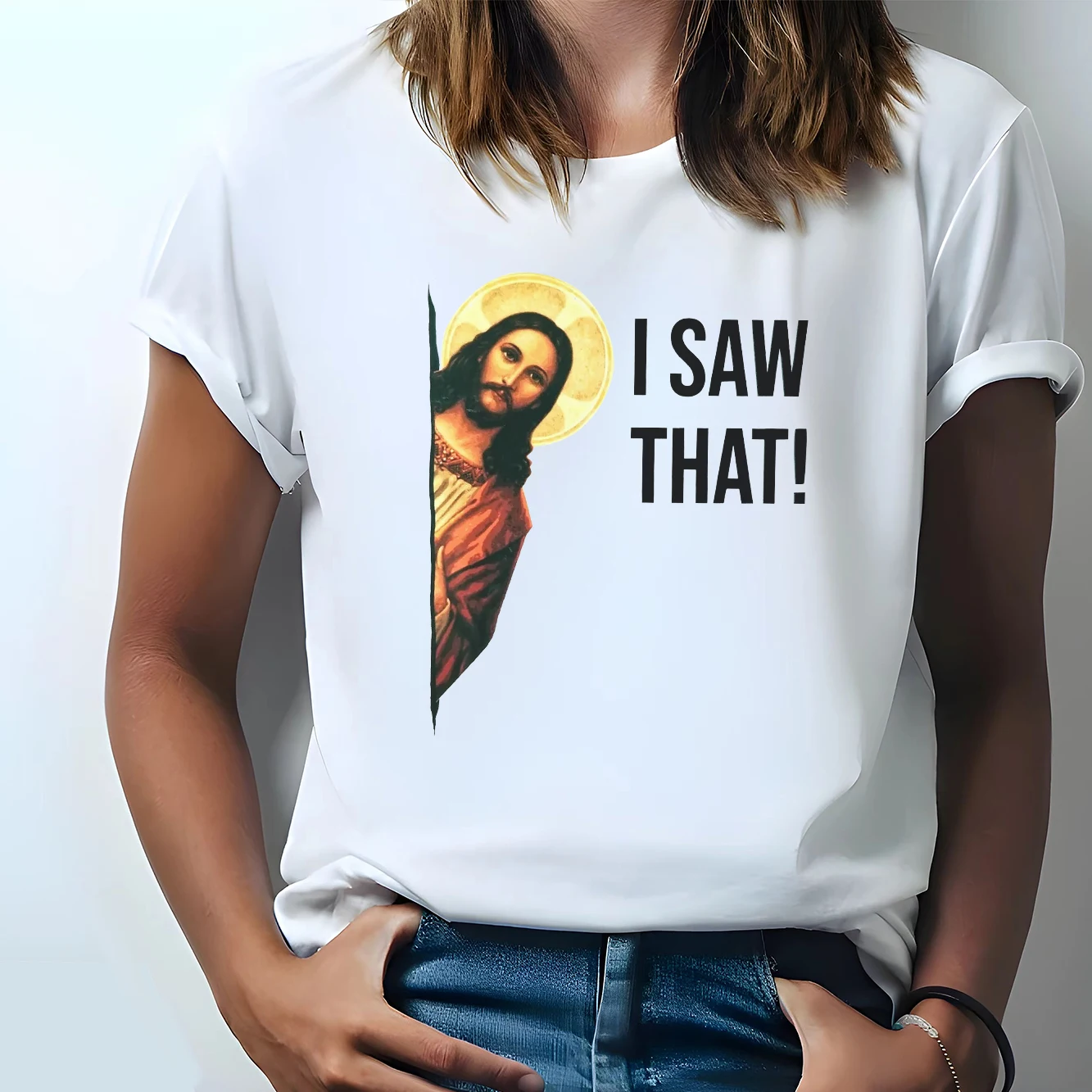 

Уникальная модная и универсальная женская футболка с короткими рукавами и круглым вырезом с мультяшным принтом Иисуса весна/лето