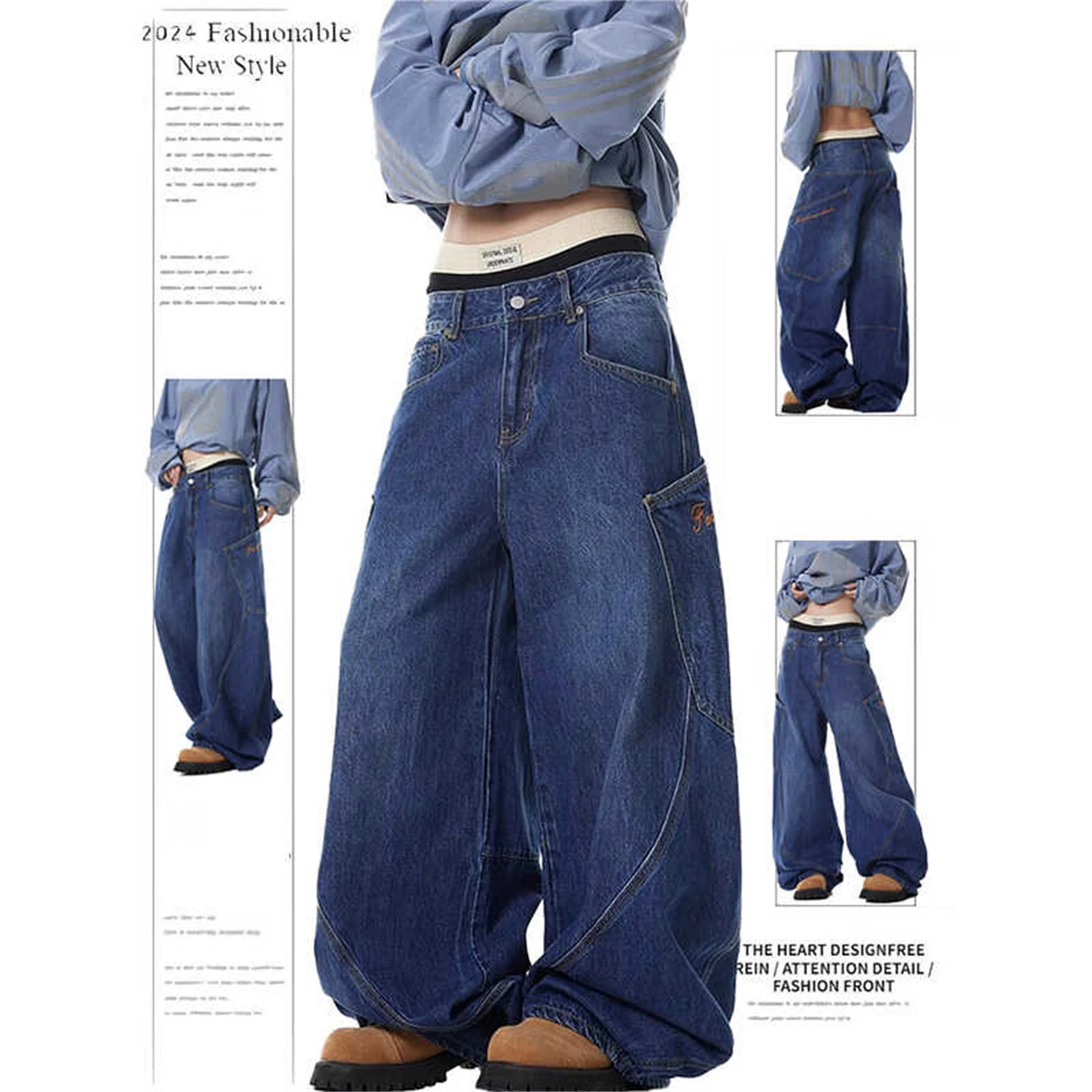 

Y2K Women's Vintage Baggy Wide Leg Jeans High Waist Loose Denim Pants with Large Pockets Streetwear Trousers