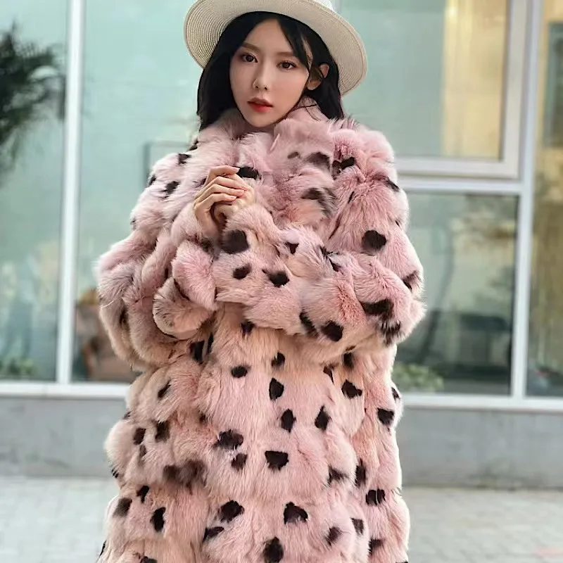 2022 New Lady Genuine Fashion Leopard Print Fox Fur Coats Women Warm 100% Natural Real Fox Fur Long Fashion Jackets  Winter